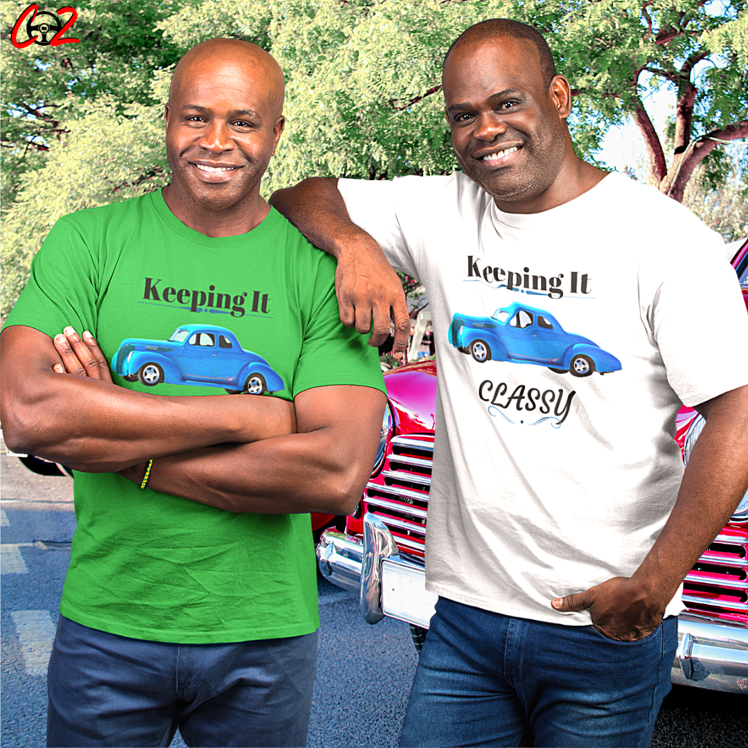 2 auto enthusiast brothers wearing co2passions  keeping it classy t shirt while standing in front of their classic vehicles